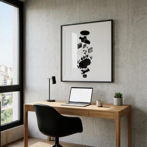 May include: A modern office space with a wooden desk, black chair, and a framed black and white print. A laptop, mug, and potted plant sit on the desk. A black desk lamp is also present. A large window offers a view of the city.
