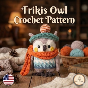 Könnte beinhalten: Eine gehäkelte Eule mit türkisfarbenem Hut und orangefarbenem Schal, mit einem blau-weiß gemusterten Pullover. Der Text "Frikis Owl Crochet Pattern" ist über der Eule zu sehen. Ein Korb mit Garn und ein PDF-Muster-Symbol sind ebenfalls sichtbar.