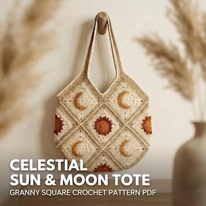 May include: A crochet tote bag constructed from diamond-shaped granny squares in cream, tan, and burnt orange. The bag features sun and crescent moon motifs and includes the text CELESTIAL SUN & MOON TOTE GRANNY SQUARE CROCHET PATTERN PDF.