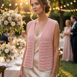 May include: A sleeveless, light pink crochet vest featuring a V-neckline and a textured, open-work stitch pattern on the lower panels, worn over a smooth, champagne-colored slip dress with a V-neckline and thin shoulder straps.