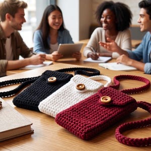 Può includere: Tre borse a tracolla rettangolari all'uncinetto in nero, bianco e rosso scuro. Ogni borsa presenta una lunga tracolla intrecciata e una chiusura con un singolo bottone in legno sulla patta anteriore. Le borse sono disposte una accanto all'altra.