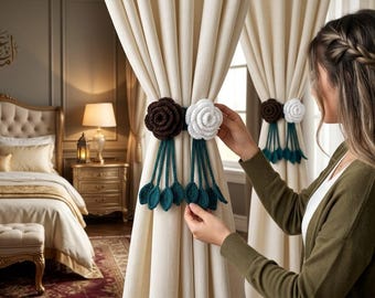 Crochet Flower Curtain Tie Back, Easy Rose Curtain Holder, DIY room decor ideas   Tutorial Pattern PDF