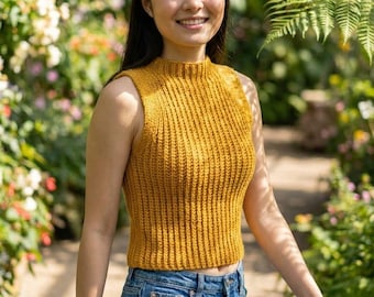 Crochet Mock Neck Top Pattern | Ribbed Sleeveless Tank PDF | Made-to-Measure Cotton