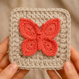 May include: A square crochet motif in a light beige yarn featuring a three-dimensional coral-colored butterfly appliquéd in the center. The butterfly has detailed wing textures and a central body, while the square base has a double crochet stitch.