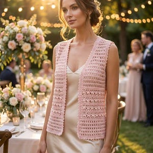 May include: A sleeveless, light pink crochet waistcoat featuring an intricate openwork pattern with a scalloped edge, worn over a simple, floor-length, champagne-coloured satin slip dress with a V-neckline and a smooth, fluid fabric finish.