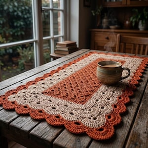 May include: A rectangular crochet table runner featuring a central burnt orange section with a diamond pattern, surrounded by a wide beige border and a scalloped burnt orange edge. A ceramic mug filled with a warm beverage sits on the runner.