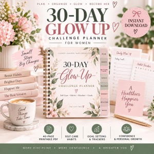 Może przedstawiać: Planer wyzwań 30-Day Glow Up ze spiralą, ozdobiony kwiatowymi ilustracjami, z sekcjami na nawyki, dbanie o siebie, cele, dobre samopoczucie, nastawienie i refleksję. Zawiera arkusz planu dziennego, tracker nawyków oraz długopis.
