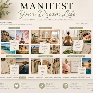 May include: A digital vision board template titled Manifest Your Dream Life with sections for travel, home goals, wellness, personal growth, fashion, and financial freedom. It features various lifestyle images, sticky notes with text, and a date of May 12, 2024.