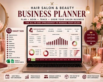 Hair Salon Business Spreadsheet | Beauty Salon Planner | Appointment, Client, Sales & Inventory Tracker | Excel Google Sheets