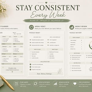 May include: A weekly planner template featuring three distinct sections titled Weekly Planner, Weekly Reset, and Weekly Review. The layout includes checkboxes, progress charts, and text prompts in a sage green and white color scheme with floral accents.