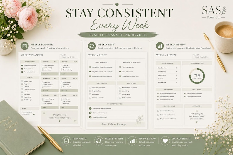 May include: A weekly planner template featuring three distinct sections titled Weekly Planner, Weekly Reset, and Weekly Review. The layout includes checkboxes, progress charts, and text prompts in a sage green and white color scheme with floral accents.