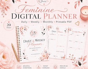 Feminine Digital Planner | Blush Pink Daily Weekly Girl Planner (Printable PDF)