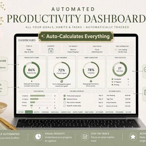 May include: A laptop screen displaying an automated productivity dashboard with charts, progress percentages, and task lists. The interface features a clean layout with green accents, showing data for goals, habits, and daily tasks in a digital format.