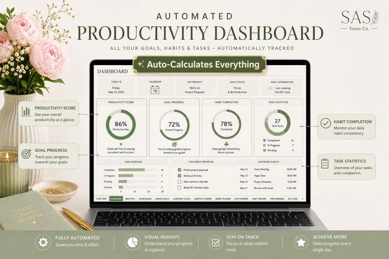 May include: A laptop screen displaying an automated productivity dashboard with charts, progress percentages, and task lists. The interface features a clean layout with green accents, showing data for goals, habits, and daily tasks in a digital format.