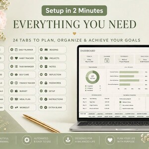 May include: A digital planner interface displayed on a laptop screen, featuring a dashboard with charts, task lists, and 24 labeled navigation tabs. The layout includes text headers like Setup in 2 Minutes and Everything You Need.