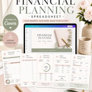 May include: A digital financial planning spreadsheet with the text "Financial Planning" and "Plan Smarter. Save More. Build Your Future." The image includes a tablet displaying a financial planner, along with printable budget and debt tracker templates.