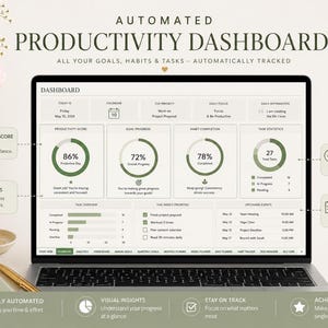 May include: A laptop screen displaying an automated productivity dashboard with green circular progress charts, task statistics, and calendar events. The interface includes sections for goal progress, habit completion, and daily focus, presented in a clean, organized layout.