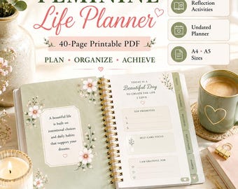 Feminine Life Planner Printable | Daily Weekly Planner, Goal Planner, Habit Tracker, Self Care Journal | PDF