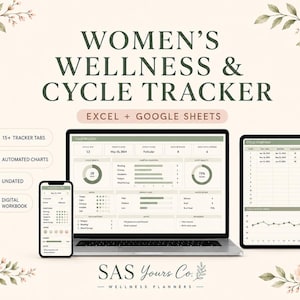 Spreadsheet voor het bijhouden van het welzijn van vrouwen: Excel-dashboard voor stemming, slaap, gewoonten, symptomen, zelfzorg en menstruatiecyclus