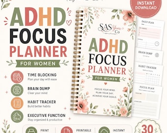 ADHD Planner Printable | Daily Focus & Executive Function Planner, Brain Dump, Time Blocking, Habit Tracker | PDF