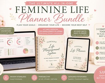 Feminine Life Planner Bundle | Goal, Habit, Self-Care (Printable PDF, Google Sheets)