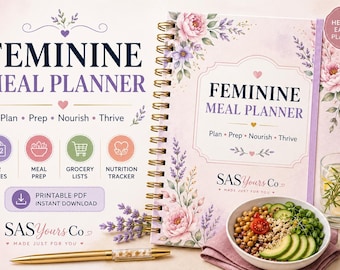 Feminine Meal Planner Printable PDF | Weekly Meal Prep, Grocery Lists, Nutrition Tracker (Digital Download)