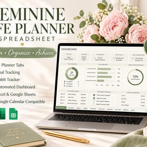 Feminine Life Planner Spreadsheet | All In One Life Dashboard  Aesthetic Productivity Planner, Goal Tracker | Google Sheets Excel
