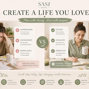 May include: A comparison graphic titled SAS Yours Co. CREATE A LIFE YOU LOVE. The left side shows a stressed person with the text OVERWHELMED, DISORGANIZED, MISSED GOALS, and FEELING STUCK. The right side shows a calm person with FOCUSED, ORGANIZED, PRODUCTIVE, and IN CONTROL, ON TRACK, LIVING WITH PURPOSE.