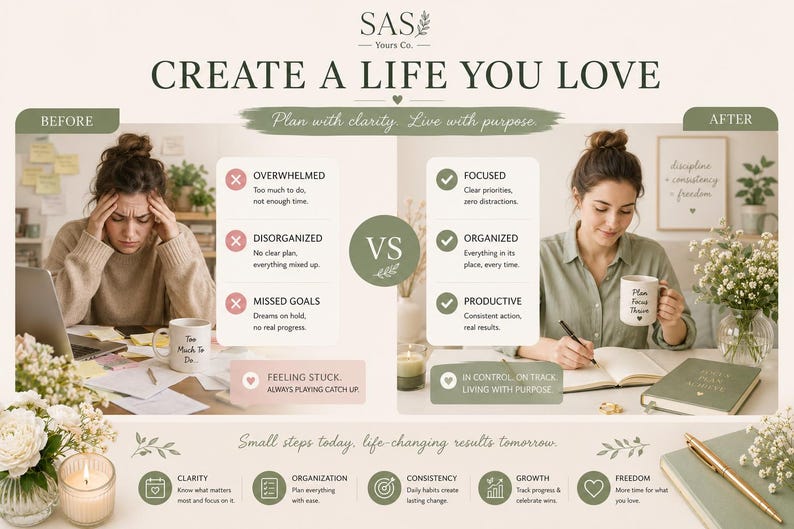May include: A comparison graphic titled SAS Yours Co. CREATE A LIFE YOU LOVE. The left side shows a stressed person with the text OVERWHELMED, DISORGANIZED, MISSED GOALS, and FEELING STUCK. The right side shows a calm person with FOCUSED, ORGANIZED, PRODUCTIVE, and IN CONTROL, ON TRACK, LIVING WITH PURPOSE.