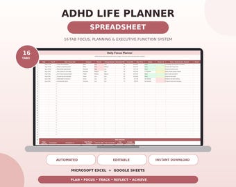 ADHD Life Planner Spreadsheet | Focus, Habits, Goals (Excel, Google Sheets)