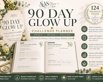 90 Day Glow Up Challenge Planner for Women | Printable Self Care Journal | Daily Habit Tracker | Personal Growth & Wellness Planner PDF