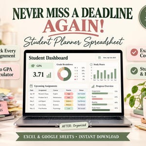 Student Planner Spreadsheet, Assignment Tracker, GPA Calculator, Academic College Planner, Grade Tracker, Study Planner, Google Sheets Excel