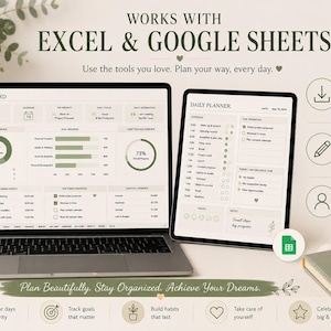May include: A digital planner interface displayed on a laptop and tablet screen, featuring dashboard and daily schedule layouts in shades of green and beige. Text includes WORKS WITH EXCEL & GOOGLE SHEETS, DAILY PLANNER, and various productivity labels.