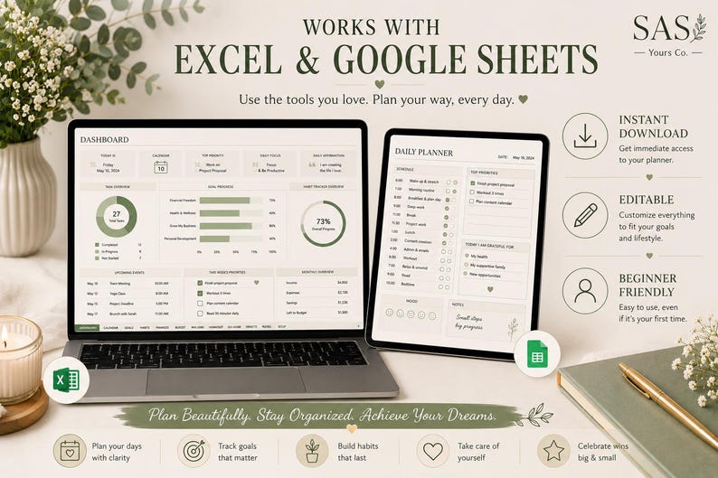 May include: A digital planner interface displayed on a laptop and tablet screen, featuring dashboard and daily schedule layouts in shades of green and beige. Text includes WORKS WITH EXCEL & GOOGLE SHEETS, DAILY PLANNER, and various productivity labels.