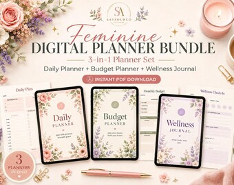 Digital Planner Bundle: Daily Weekly Budget Wellness Journal (PDF Download, A4/US Letter)