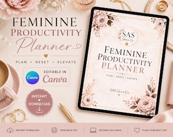 Feminine Productivity Planner | Soft Daily, Weekly Reset (Canva Template)