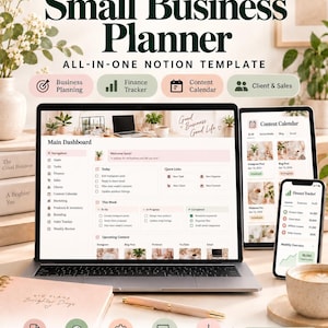 Puede incluir: Una plantilla digital de Notion para planificador de pequeñas empresas mostrada en una computadora portátil, tableta y teléfono inteligente. La pantalla muestra un panel principal con navegación, listas de tareas y rastreadores.