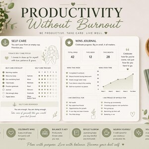May include: A two-page productivity planner set featuring a Self Care page with a checklist and tracker, and a Wins Journal page with progress charts. The pages include text headers like Productivity Without Burnout and SAS Yours Co.