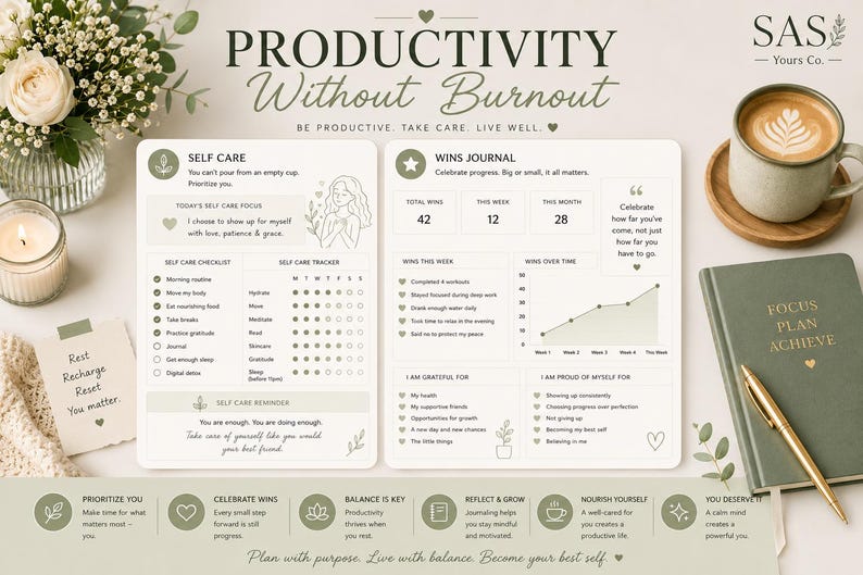 May include: A two-page productivity planner set featuring a Self Care page with a checklist and tracker, and a Wins Journal page with progress charts. The pages include text headers like Productivity Without Burnout and SAS Yours Co.