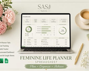Aesthetic Life Dashboard Google Sheets | Feminine Annual Planner Spreadsheet | All In One Life Planner & Habit Tracker