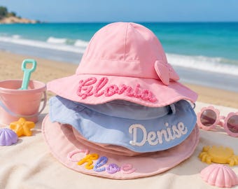 Handmade Girls Bow Sun Hat , Embroidery Name Kids Bucket Hat, Girl First Birthday Gift