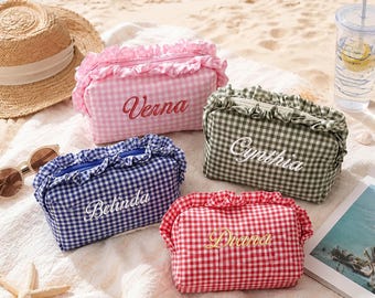 Ruffle Plaid Cosmetic Pouch,  Embroidered Name Gingham Makeup Bag, Personalized Travel Toiletry Gift Bag