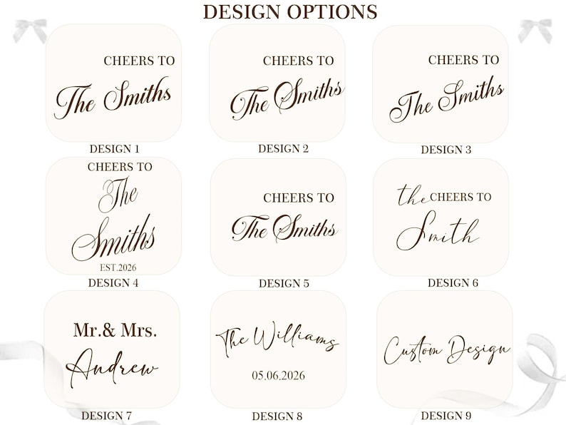 Peut inclure: Une grille de neuf options de design pour du texte personnalis&eacute;, chacune pr&eacute;sentant une typographie marron fonc&eacute; sur un fond cr&egrave;me clair. Le texte inclut des phrases comme Cheers to The Smiths, Mr. & Mrs. Andrew, The Williams et Custom Design.
