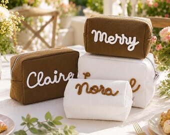 Embroidered Waffle Cosmetic Bag, Custom Bridesmaid Gift Bags, Monogrammed Makeup Case, Bridal Party Bags