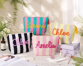 Custom Striped Makeup Bag, Corduroy Name Cosmetic Pouch, Travel Toiletry Bag, Bridesmaid Gift Bags