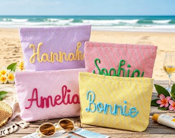 Custom Seersucker Makeup Bag, Chenille Name Cosmetic Pouch, Travel Toiletry Bag, Bridesmaid Gift Bags