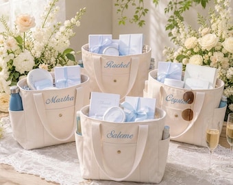 Embroidered Bridesmaid Tote Bag, Canvas Beach Bag With Initial Ribbon, Bridal Party Gift Bags