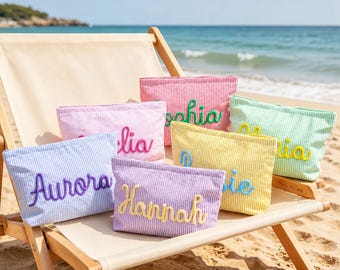 Custom Seersucker Makeup Bag, Chenille Name Cosmetic Pouch, Travel Toiletry Bag, Bridesmaid Gift Bags