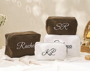 Embroidered Waffle Cosmetic Bag, Custom Bridesmaid Gift Bags, Travel Makeup Case, Bridal Party Bags