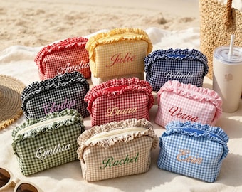 Embroidered Name Gingham Makeup Bag, Ruffle Plaid Cosmetic Pouch, Personalized Travel Toiletry Gift Bag